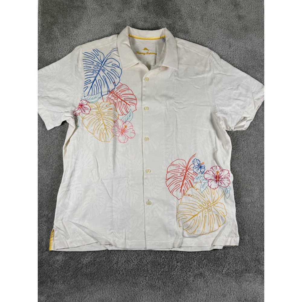 Tommy Bahama Silk Embroidered Floral Monstera Leaf Camp Shirt Mens XL Cream